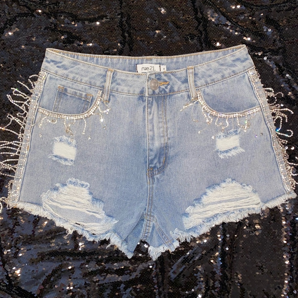 Rhinestone Fringe Distressed Shorts